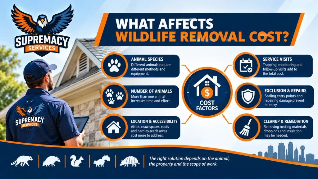 Infographic showing animal type, number of animals, accessibility, service visits, repairs, cleanup and exclusion as wildlife removal cost factors