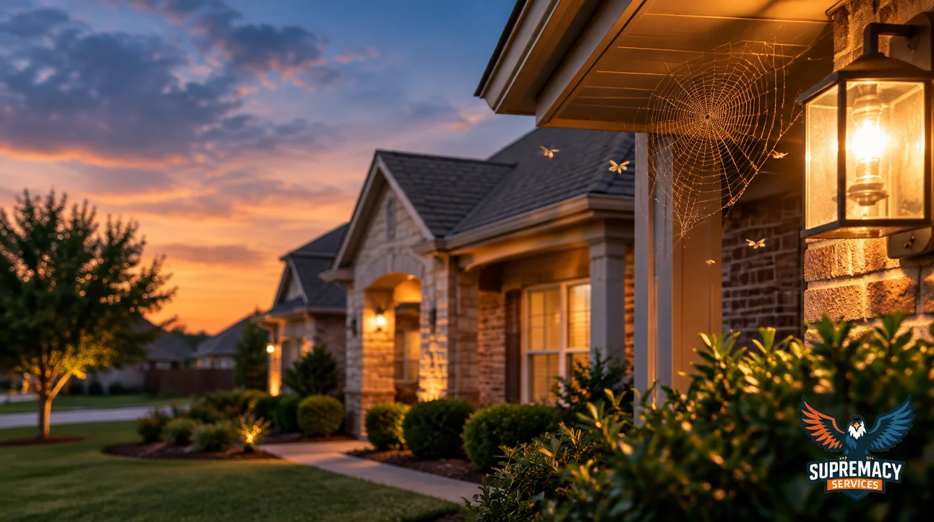 Spider web near the exterior of a North Texas home at dusk