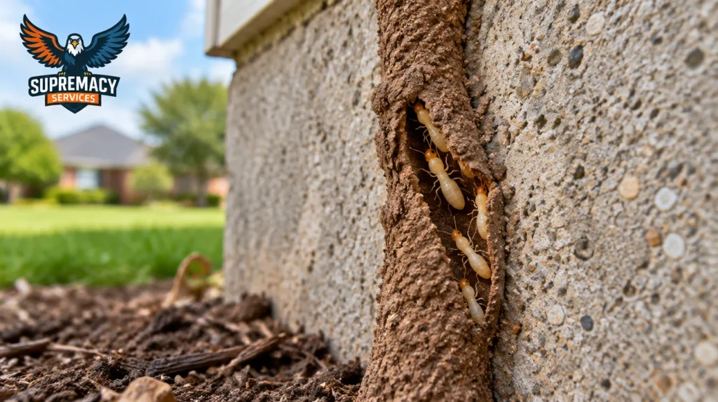 Close-up of a subterranean termite mud tube with termites visible inside