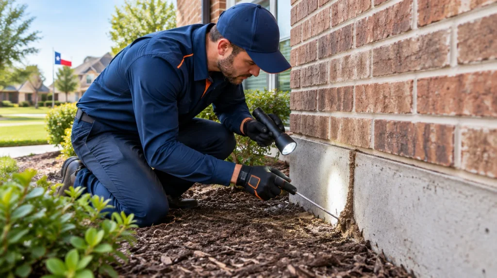 Professional termite inspector examining a Dallas home foundation for mud tubes and termite entry points
