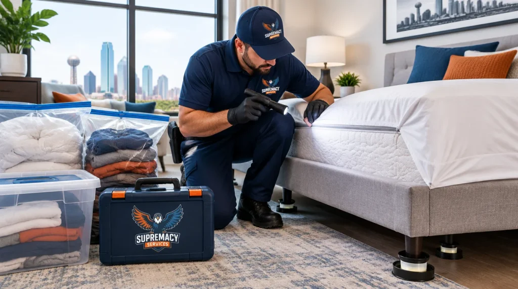 Technician inspecting a mattress with contained laundry, mattress encasement and bed bug monitoring devices nearby