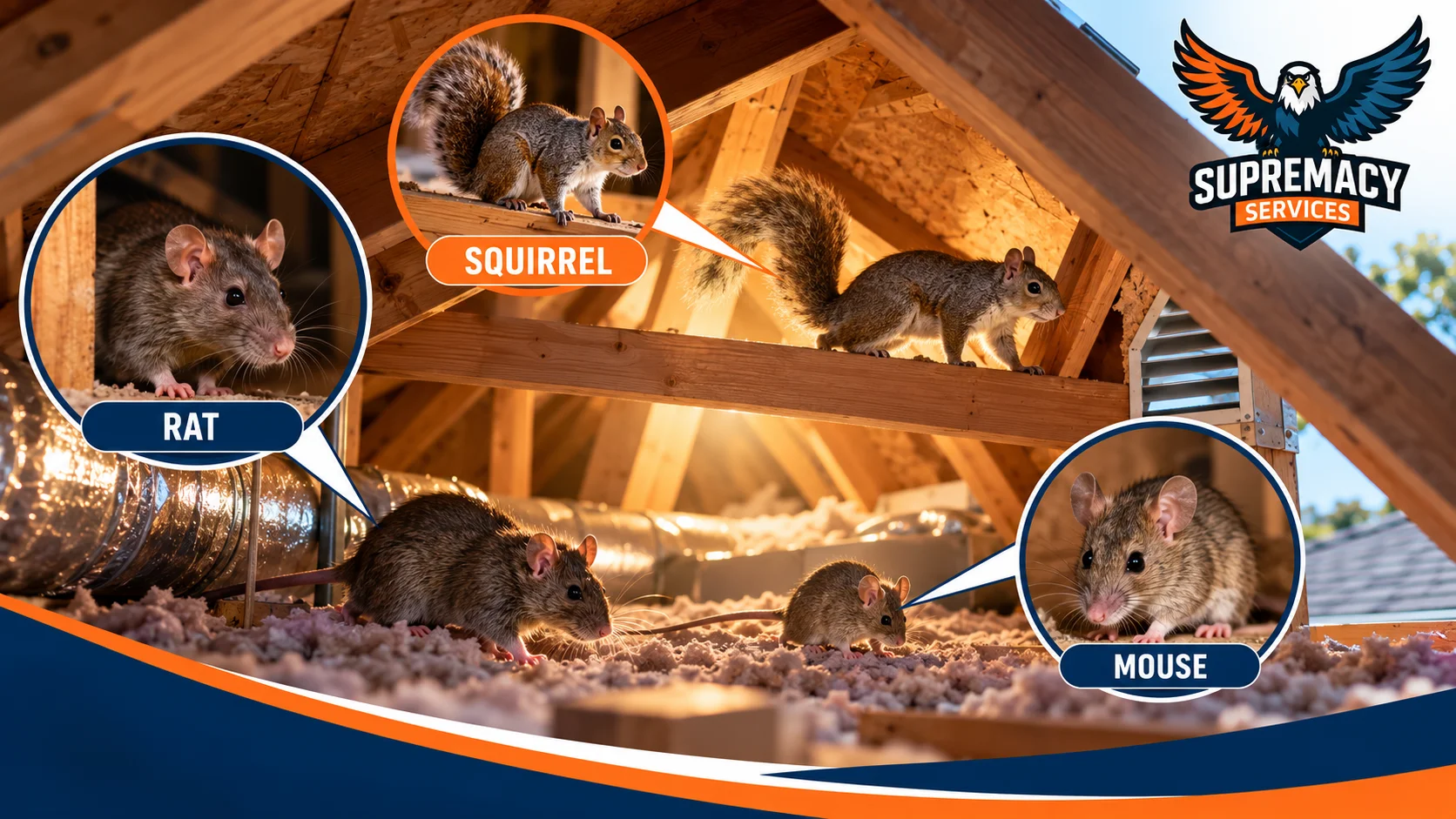 Rat, mouse and squirrel inside a residential attic showing possible sources of scratching noises