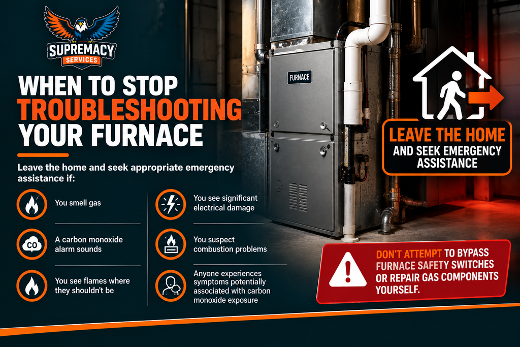 HVAC safety infographic showing a furnace with warnings to stop troubleshooting if there is a gas smell, carbon monoxide alarm, unexpected flames, electrical damage, combustion concerns, or possible carbon monoxide exposure.