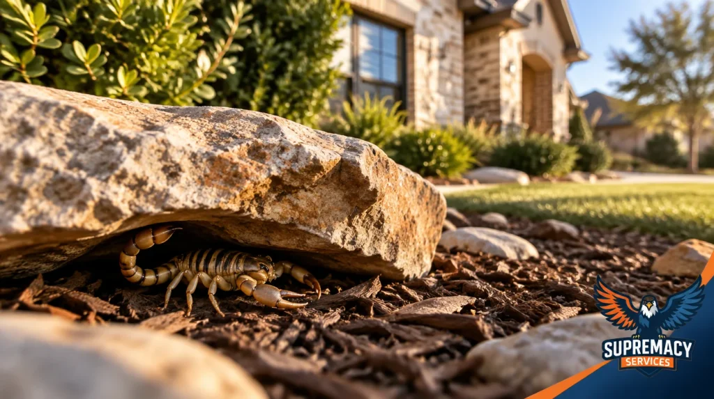 Scorpion hiding near rocks, firewood and yard debris outside a North Texas home