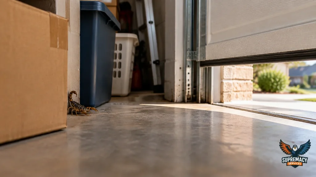 Striped bark scorpion hiding beside storage boxes in a North Texas garage