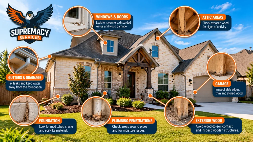 North Texas home diagram highlighting foundation, garage, plumbing, windows, attic and exterior wood areas to check for termite signs.
