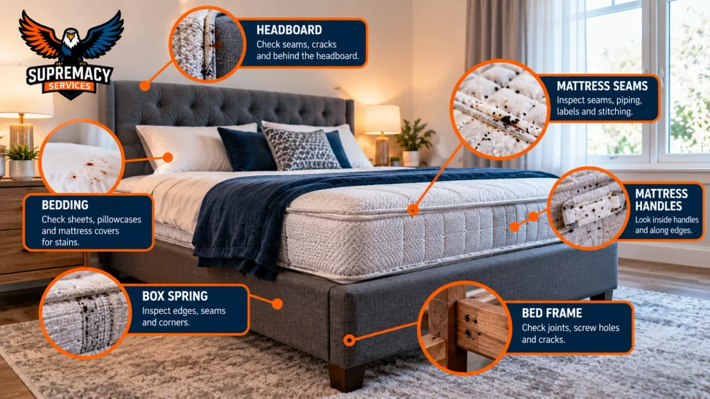 Bedroom inspection diagram highlighting bed bug hiding places around mattress seams, bedding, box spring, headboard and bed frame.
