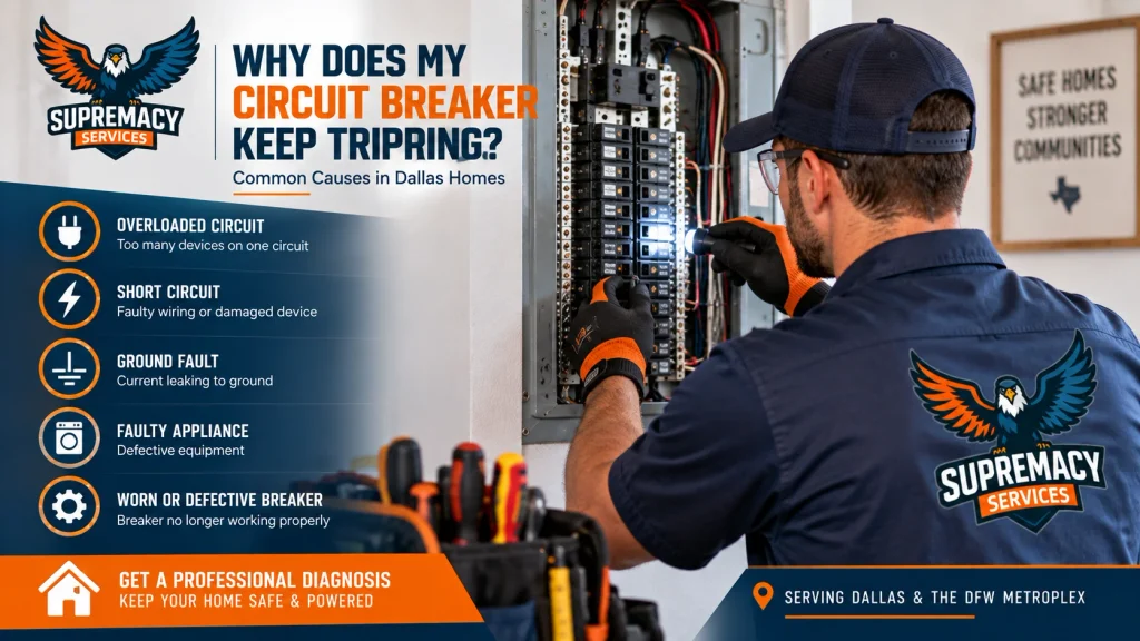Electrician diagnosing a repeatedly tripping circuit breaker in a Dallas electrical panel