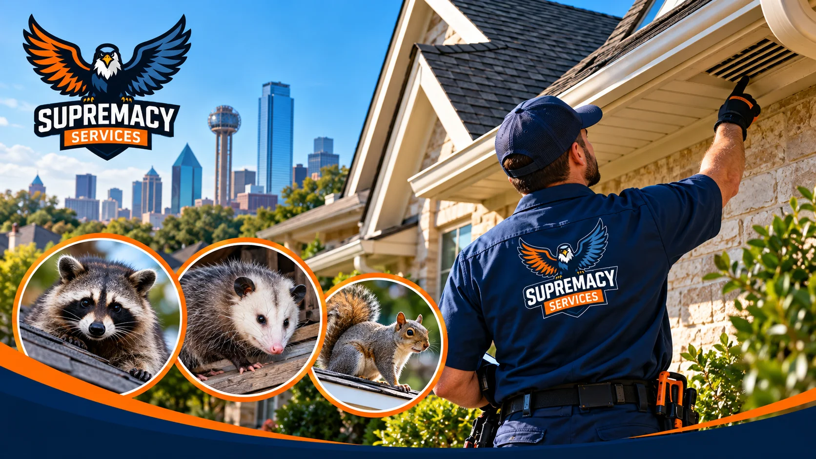 Supremacy Services wildlife control technician inspecting a Dallas home for raccoon, opossum and squirrel activity.