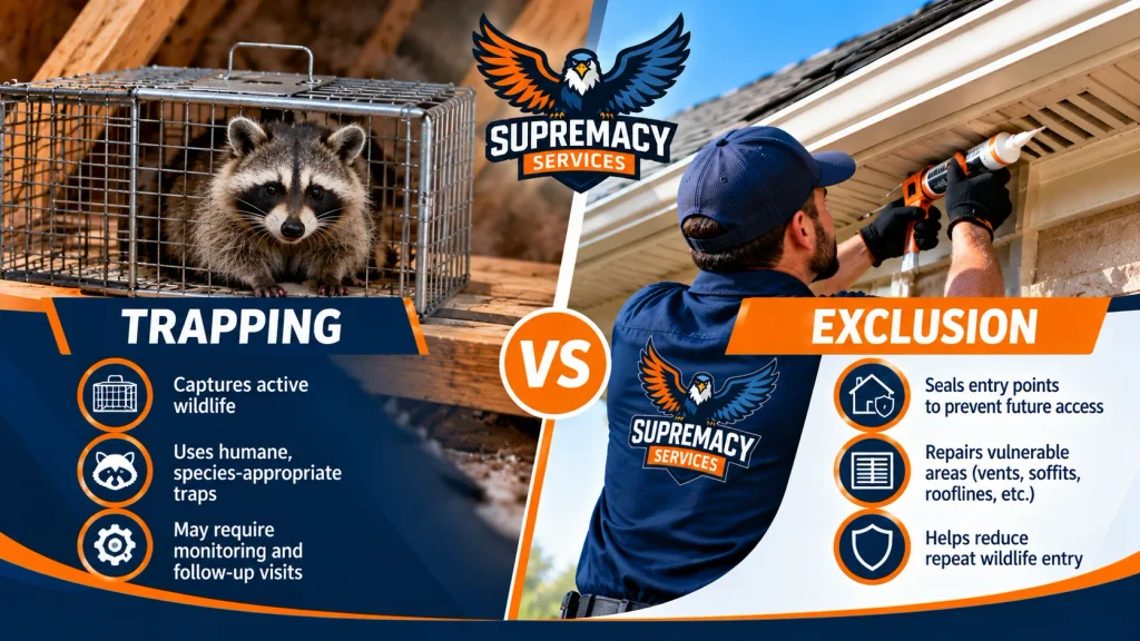 Comparison of wildlife trapping and exclusion showing a raccoon trap and technician sealing roofline entry points.