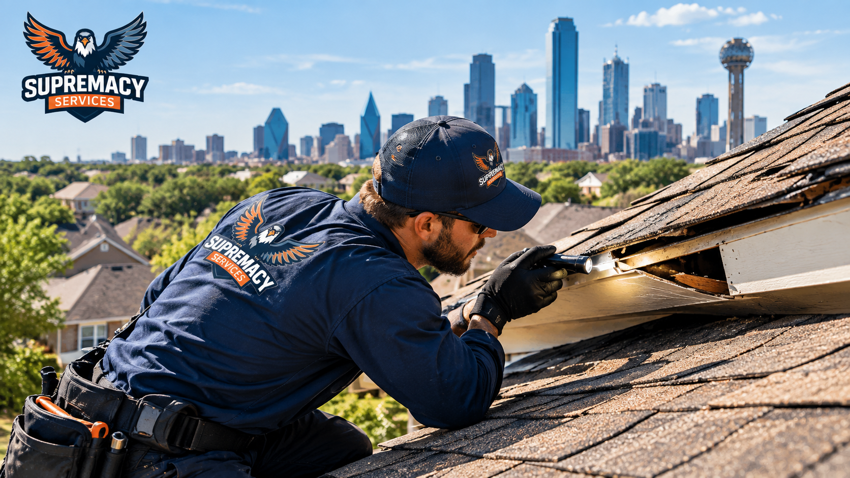 Dallas wildlife technician inspecting a home's roof for animal entry points