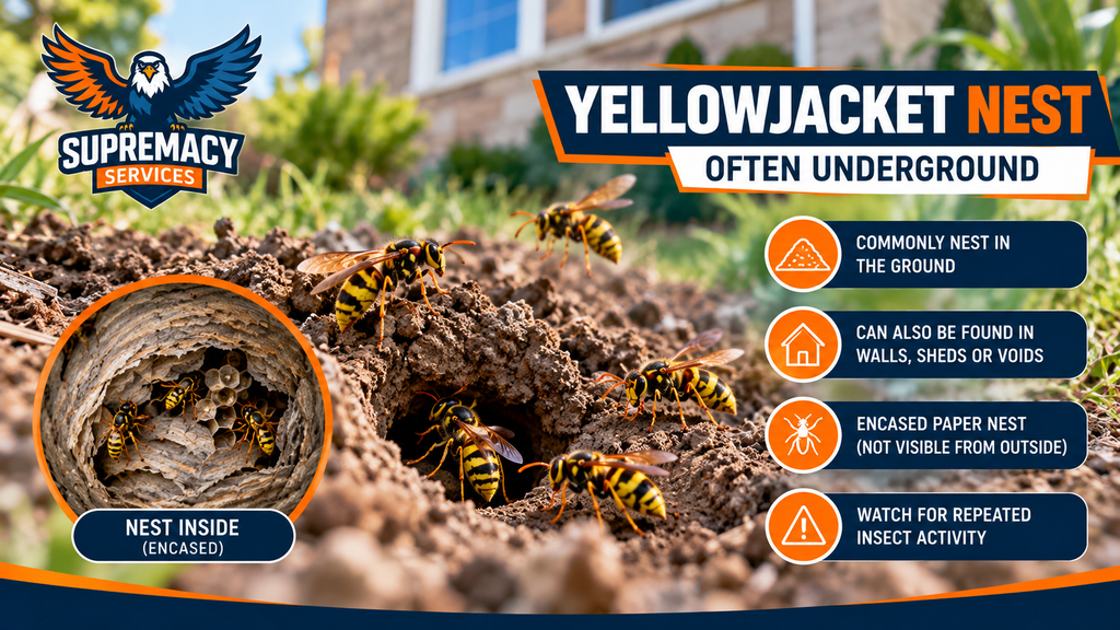 Yellowjackets entering a ground nest opening near a home with an inset showing the enclosed nest structure below ground.