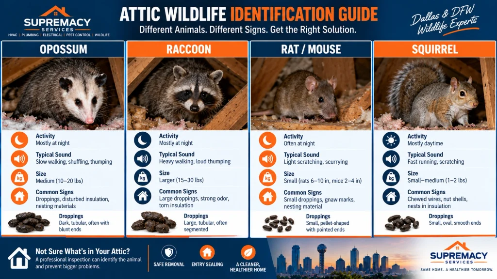 Comparison of opossum, raccoon, rat and squirrel signs in a residential attic