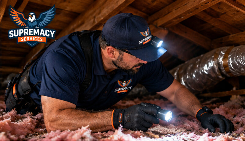 Wildlife technician inspecting Dallas attic for animal activity