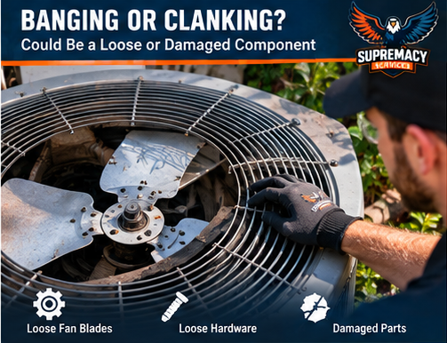 HVAC technician inspecting an AC condenser for loose fan blades causing banging or clanking