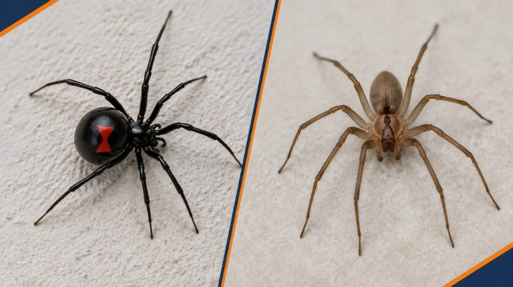 Black widow and brown recluse spiders shown for identification by Texas homeowners