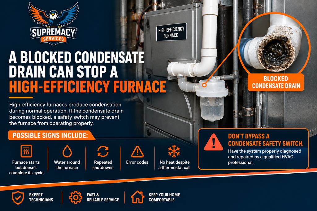Blocked condensate drain stopping a high-efficiency furnace in Dallas, TX