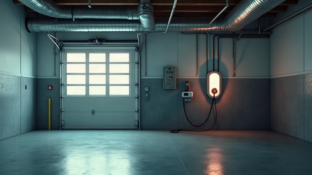 EV charger mounted on garage wall near a gas furnace
