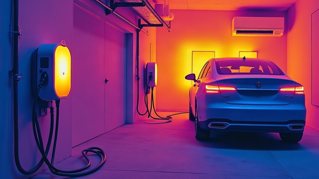 Infrared thermal view of an EV charger emitting heat in a garage