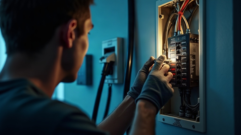 Electrician installing a breaker for an EV charger circuit in a panel