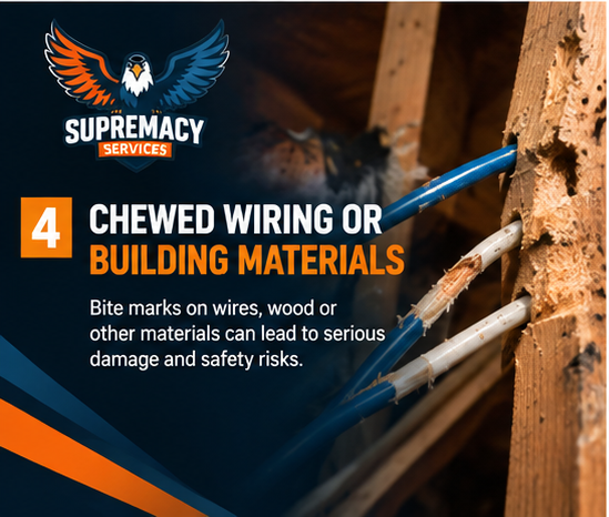 Animal damage to electrical wiring and wood inside an attic