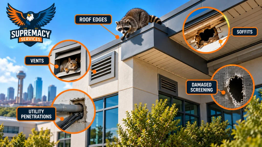Common wildlife entry points on a commercial building including roof edges, soffits, vents and utility penetrations