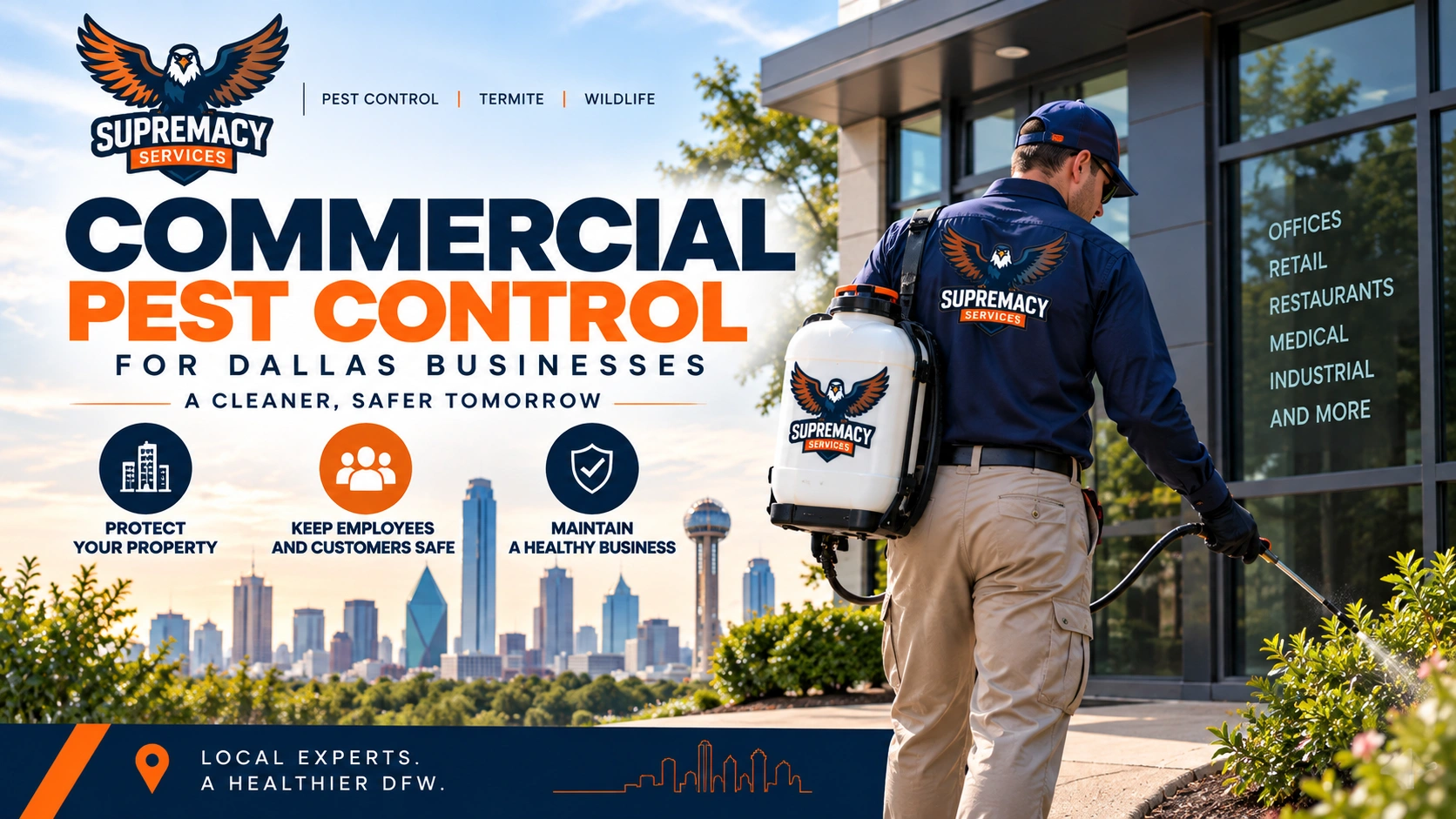 Commercial pest control technician treating the exterior of a Dallas business property.