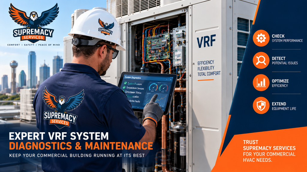 Commercial HVAC technician using diagnostic equipment to inspect a VRF system in Dallas