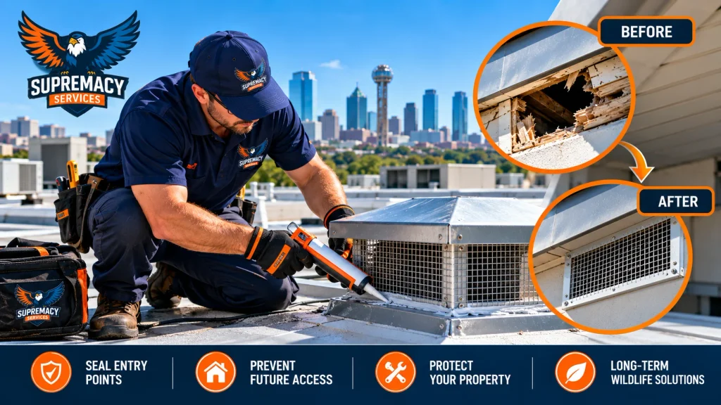 Supremacy Services technician sealing a commercial roof vent to help prevent future wildlife entry