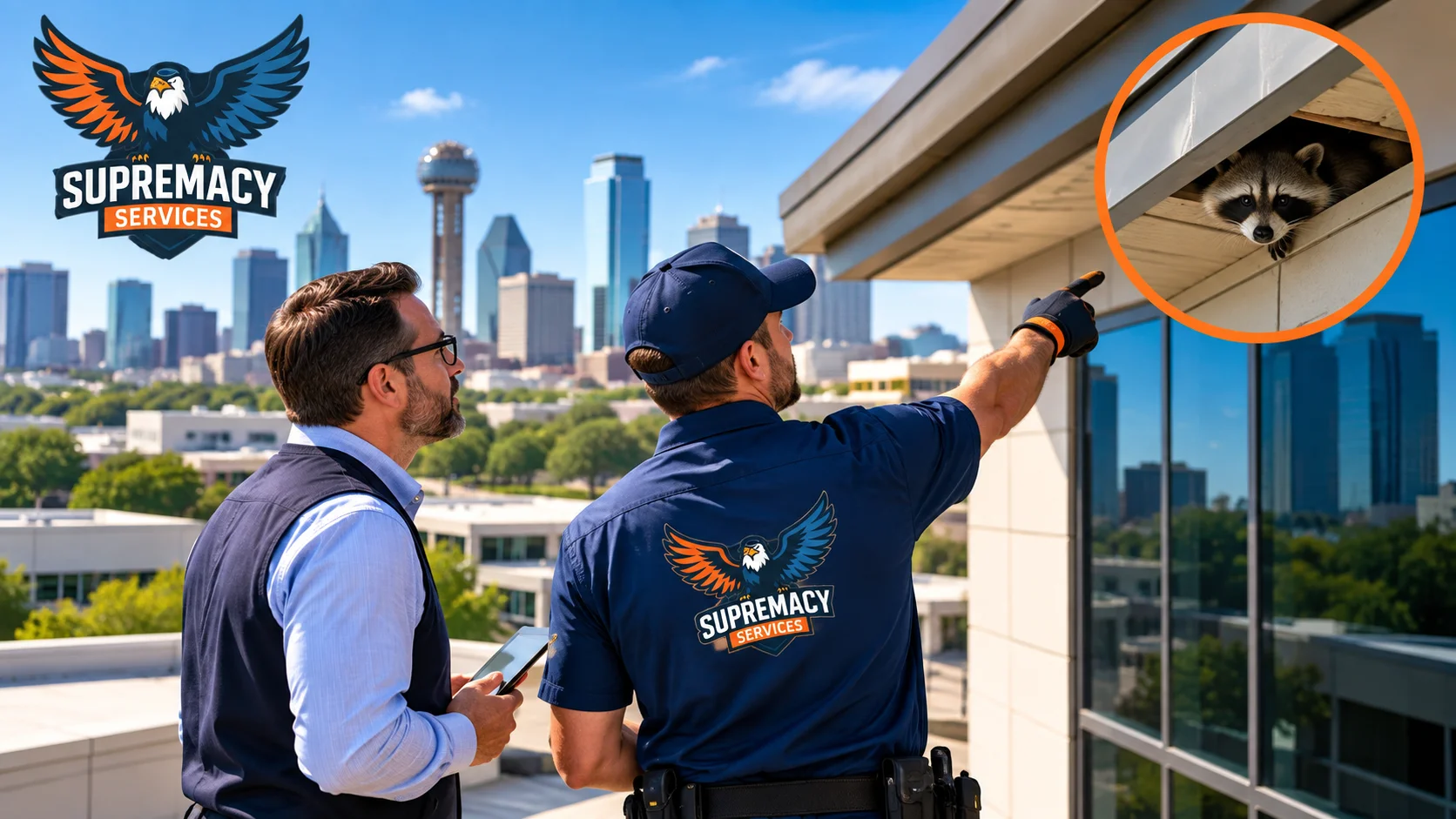 Supremacy Services technician and property manager inspecting a commercial building for wildlife entry points in Dallas