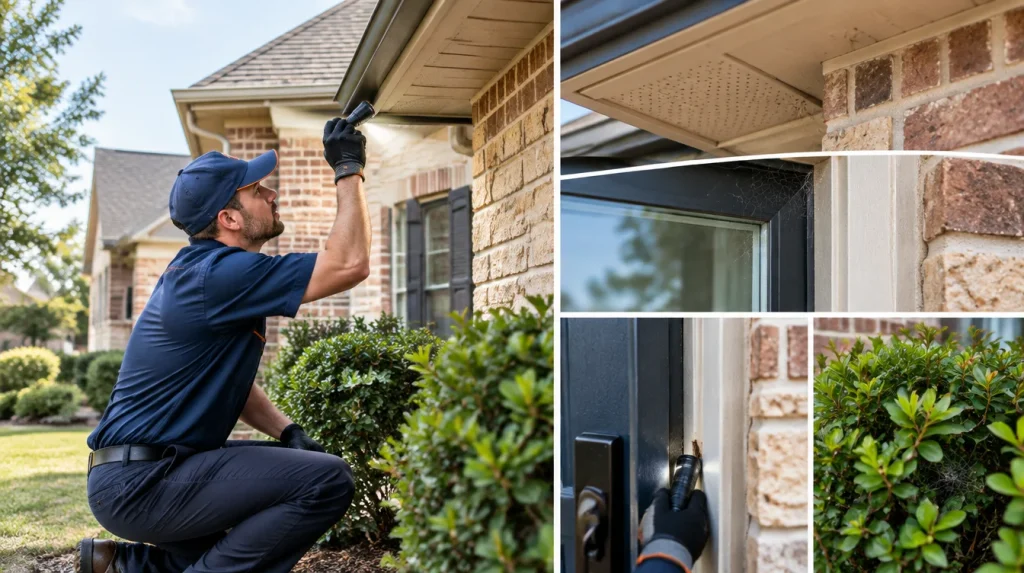 Pest control technician inspecting eaves, windows, doors, and landscaping for spider activity