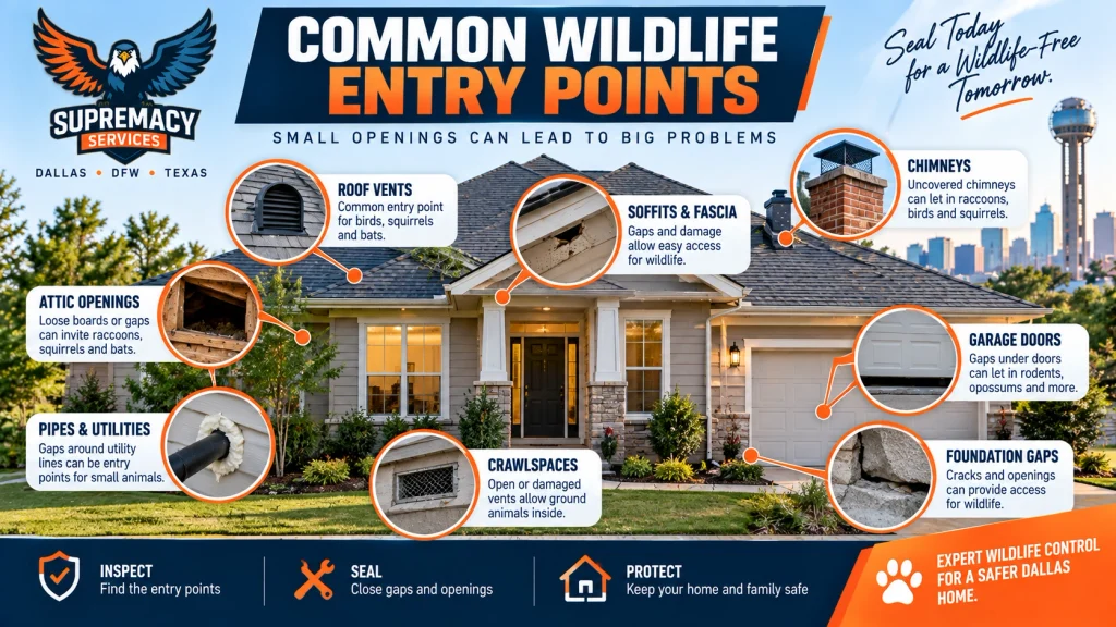 Common wildlife entry points including roof vents, soffits, chimney, crawlspace, utility gaps and foundation openings