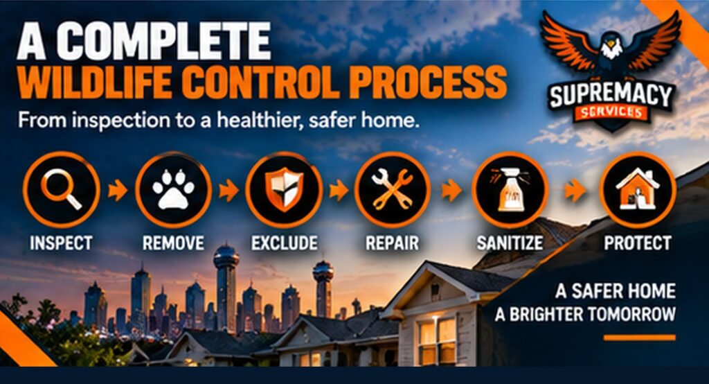 Wildlife control process showing inspection, removal, exclusion, repair, sanitation and home protection