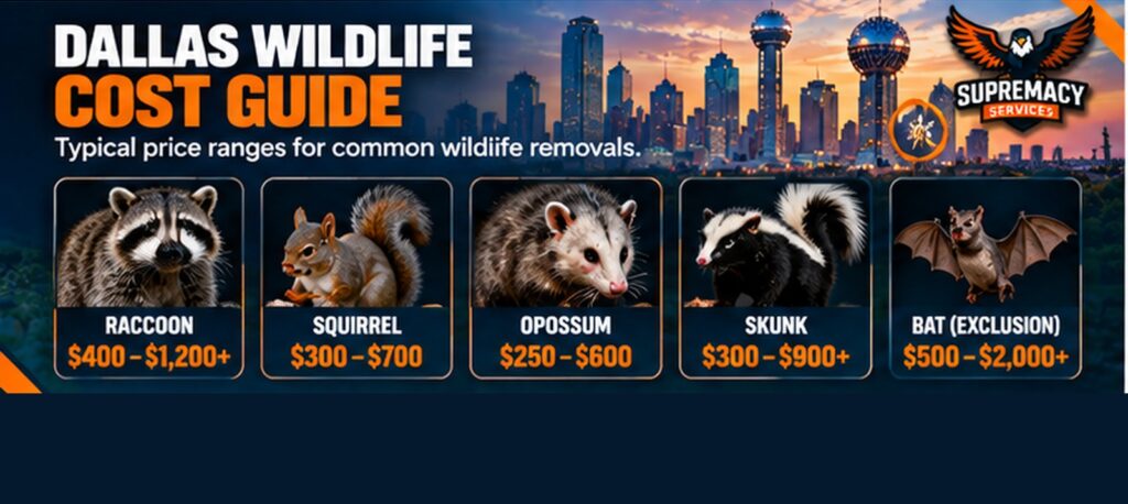 Dallas wildlife removal cost guide for raccoons, squirrels, opossums, skunks and bats