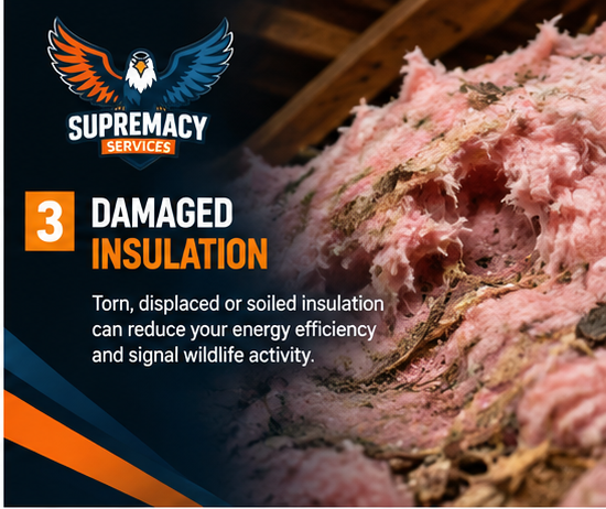 Damaged and disturbed attic insulation caused by wildlife activity