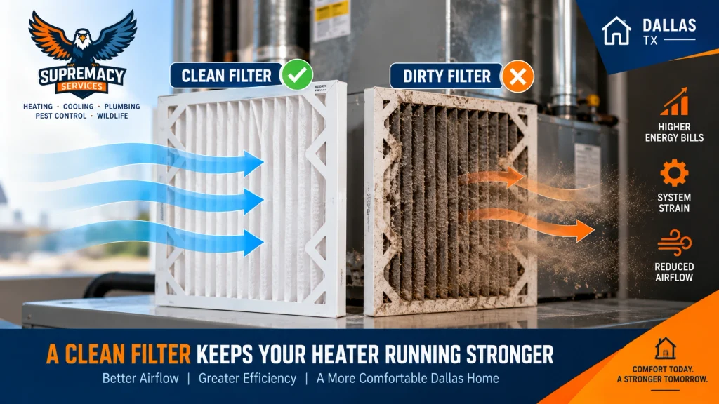 Clean furnace filter compared with a dirty filter restricting airflow through a heating system