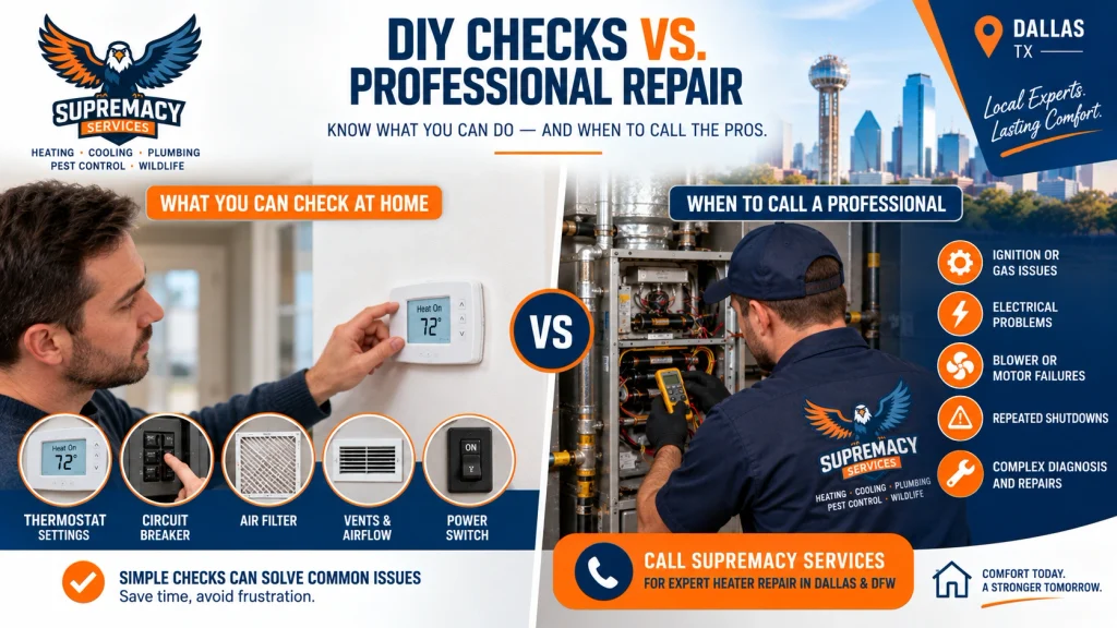 Homeowner heater checks compared with professional furnace diagnosis by an HVAC technician
