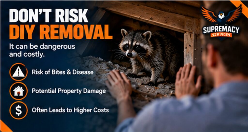 Professional wildlife technician safely removing a raccoon instead of attempting DIY wildlife removal