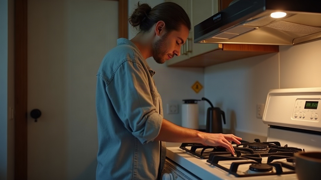 Concerned homeowner checking gas stove for leaks in Dallas