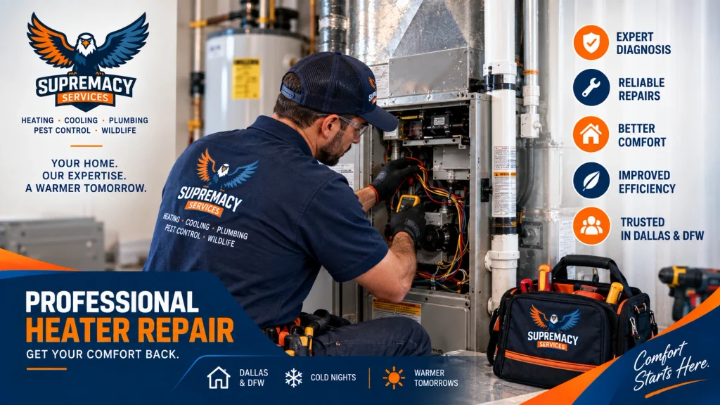 Supremacy Services HVAC technician diagnosing a residential furnace in Dallas and DFW