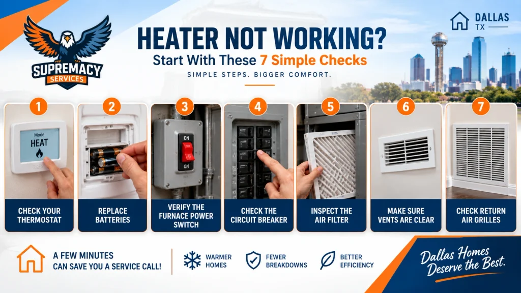 Seven heater troubleshooting checks including thermostat, breaker, furnace switch, filter and vents