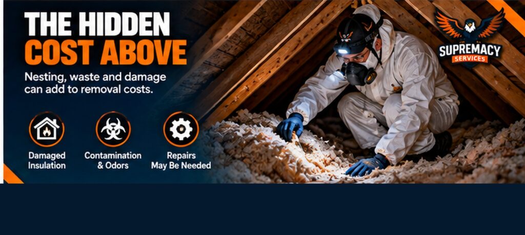 Above
Wildlife technician inspecting damaged and contaminated attic insulation in a Dallas home