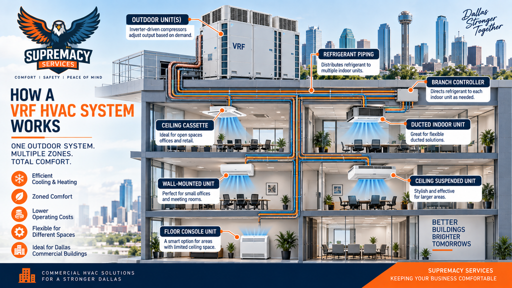 Diagram showing VRF outdoor units, refrigerant piping, branch controller and multiple indoor HVAC zones