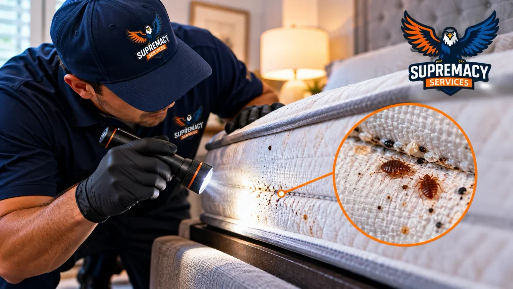 Supremacy Services pest control technician inspecting mattress seams with a flashlight for bed bugs, shed skins and dark spotting.