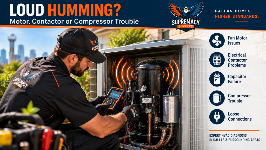 Dallas HVAC technician diagnosing a loud humming AC caused by motor, contactor, capacitor, or compressor problems.