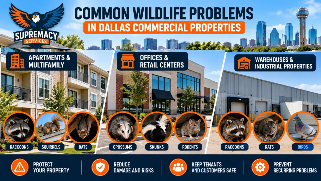 Common wildlife problems at Dallas apartments, offices, retail centers, warehouses and industrial properties
