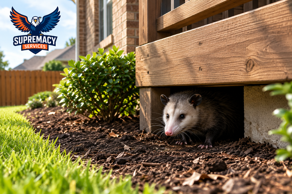 Opossum hiding beneath a residential deck in Dallas Texas