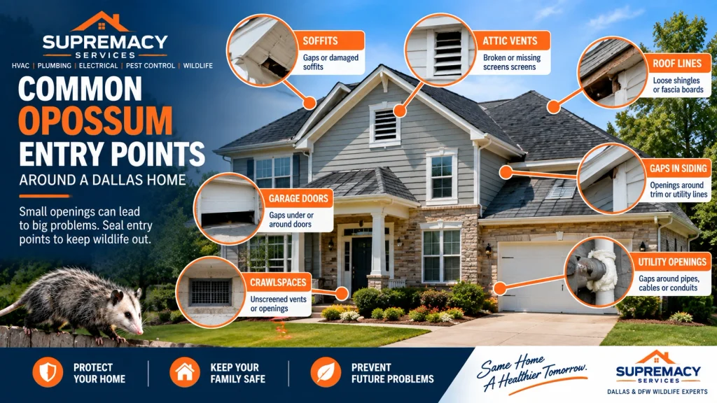 Common wildlife entry points around soffits, vents, roof edges and crawlspaces