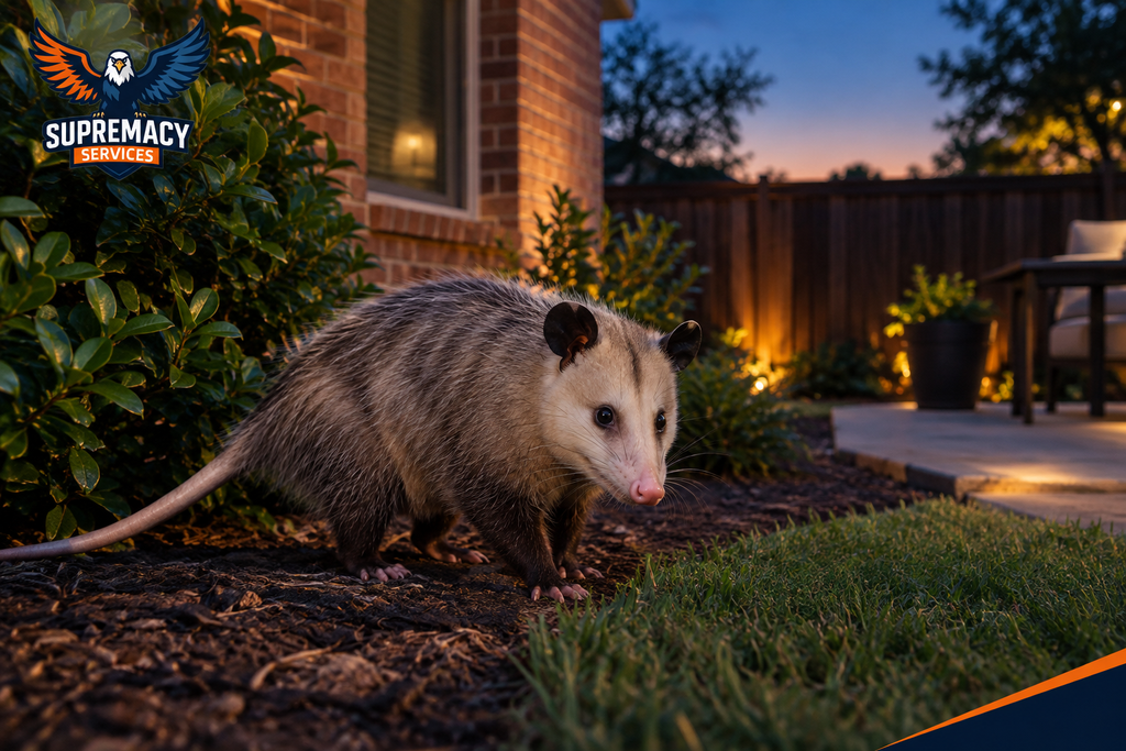 Virginia opossum near a Dallas residential property at night