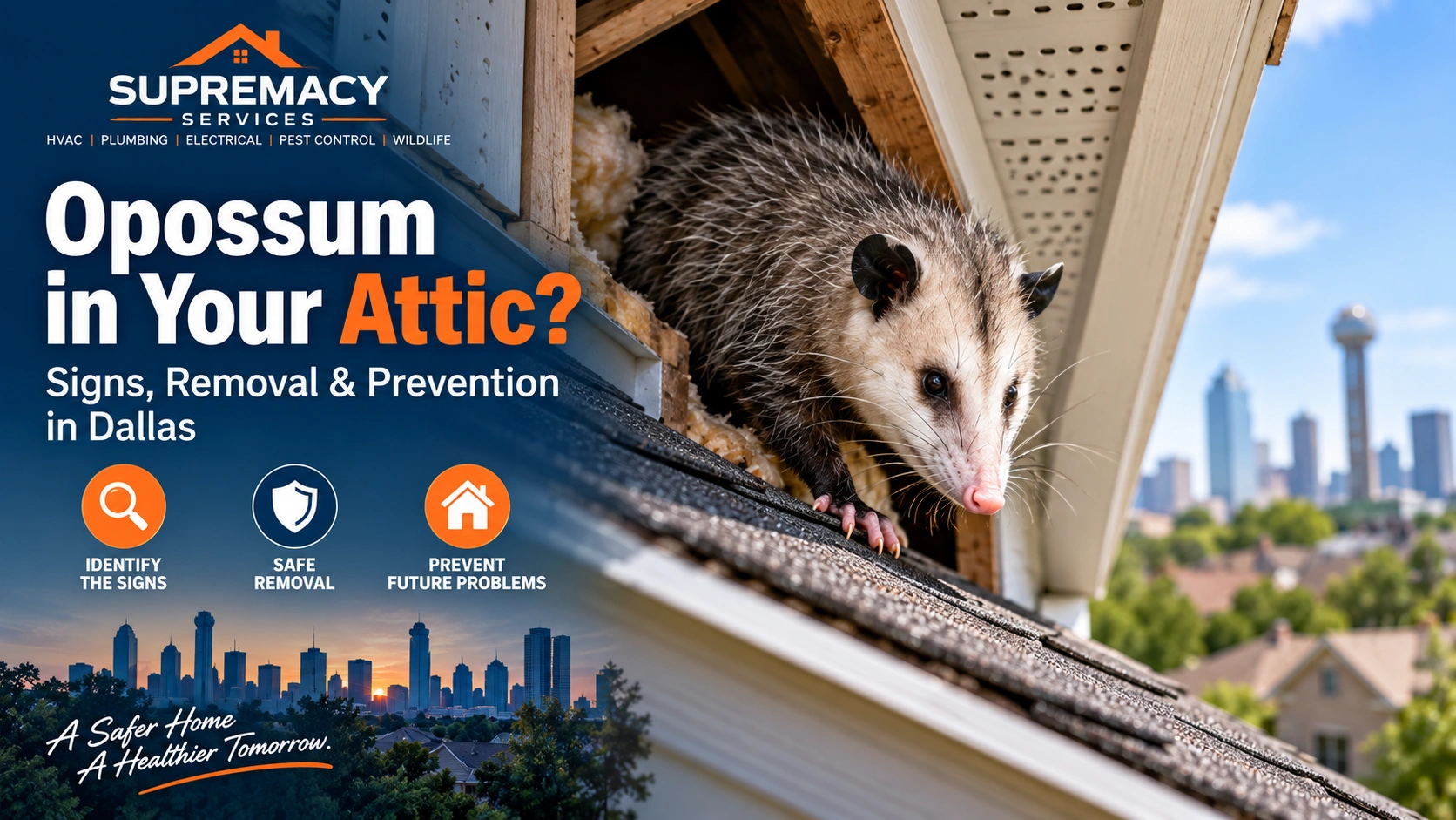 Opossum entering an attic through a damaged soffit on a Dallas-area home
